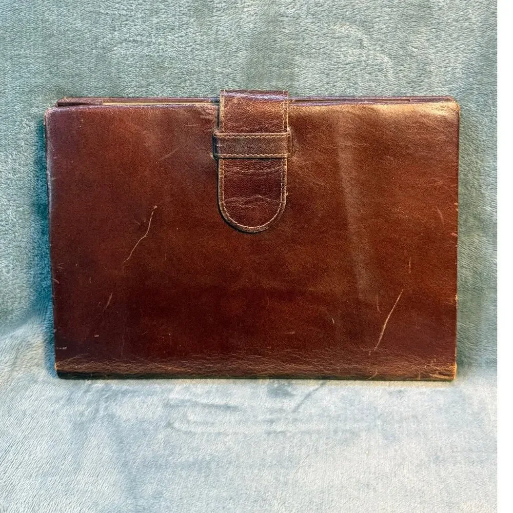 Vintage Brown Leather Folio Desk Organizer Address Book Notes Calendar 7x11 inch